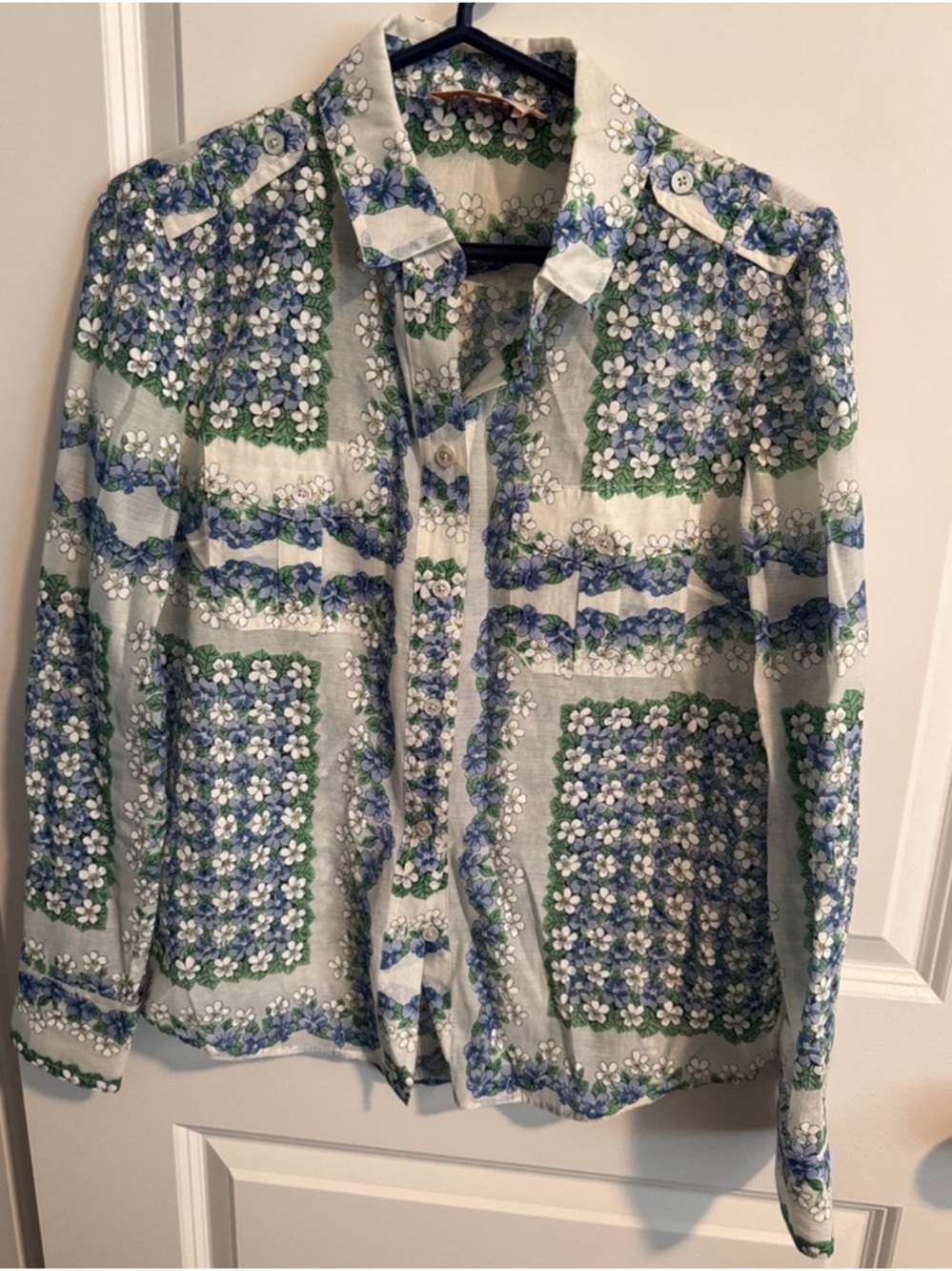Tory Burch Button-Up Shirt with Blue & Green Floral Print